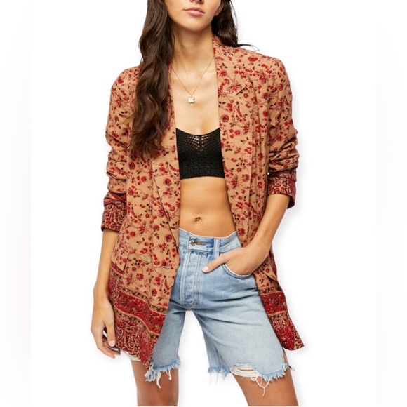 Free People Bellflower Blazer lightweight rayon linen jacket size XS red/tan - Picture 4 of 7